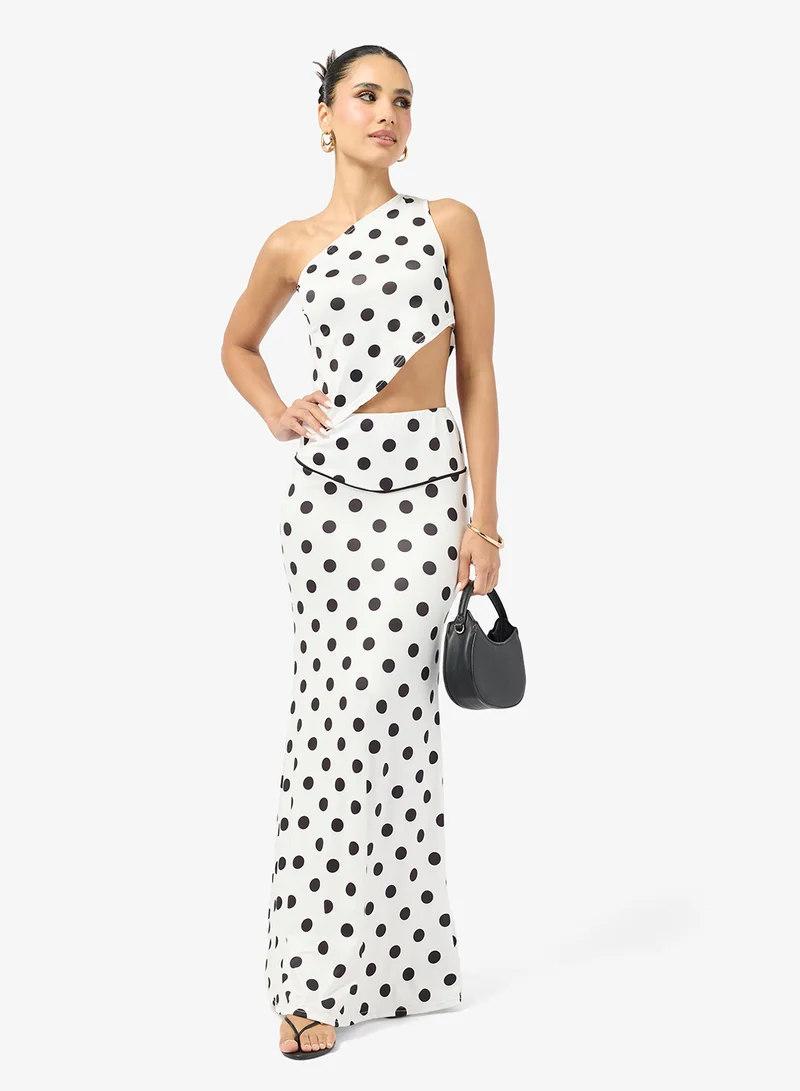 جينجر One Shoulder Polka Dot Top & Maxi Skirt Coord Set